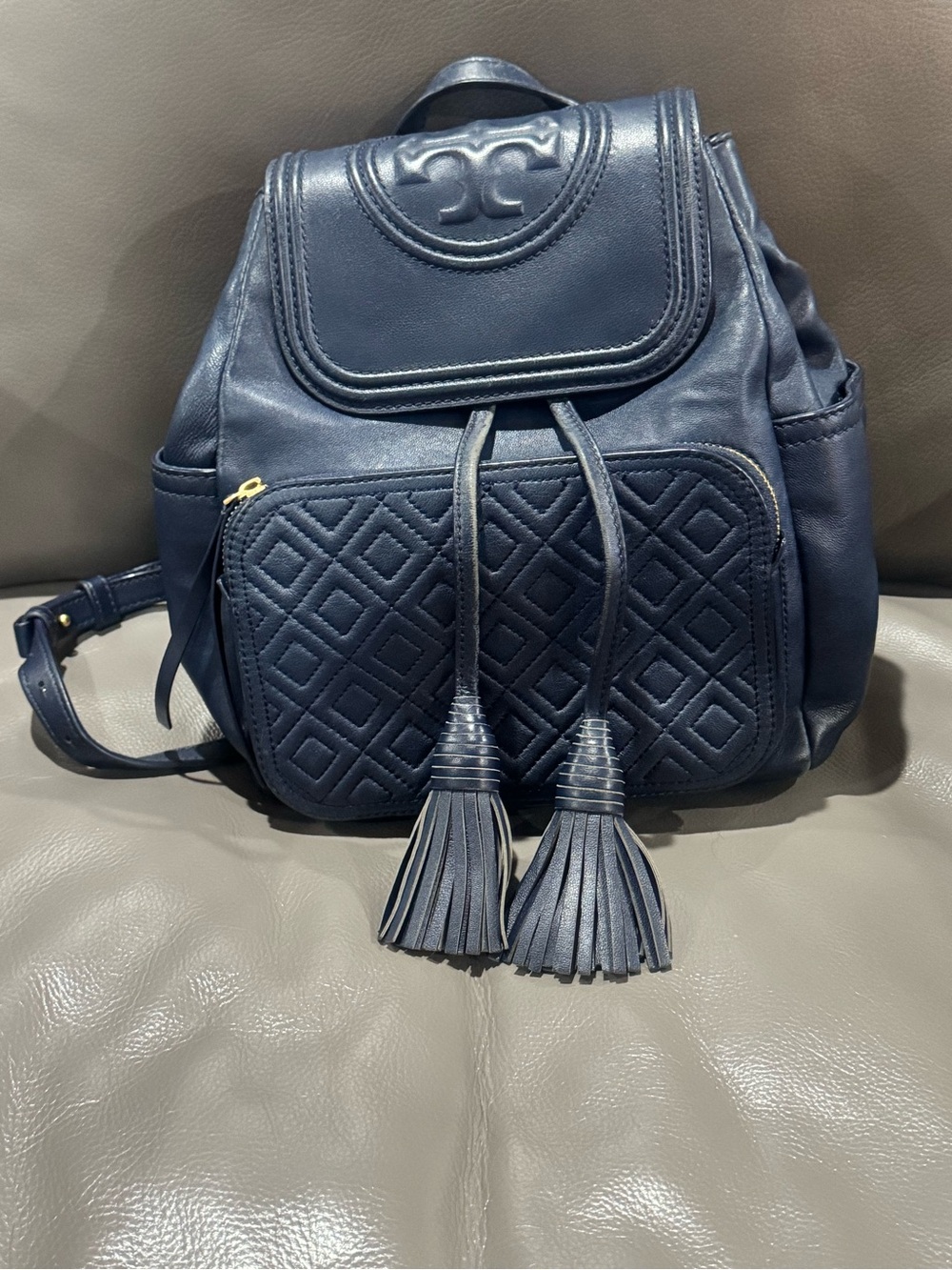 Tory Burch Navy Quilted Leather Tassel Drawstring Backpack